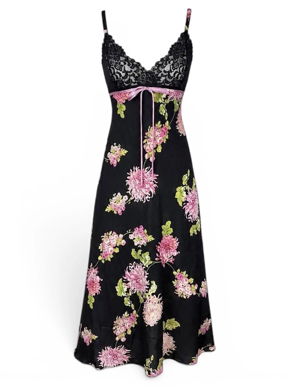 Oscar de la Renta Pink Label Black Floral Lace-Trim Slip Dress Pink Accents Y2K